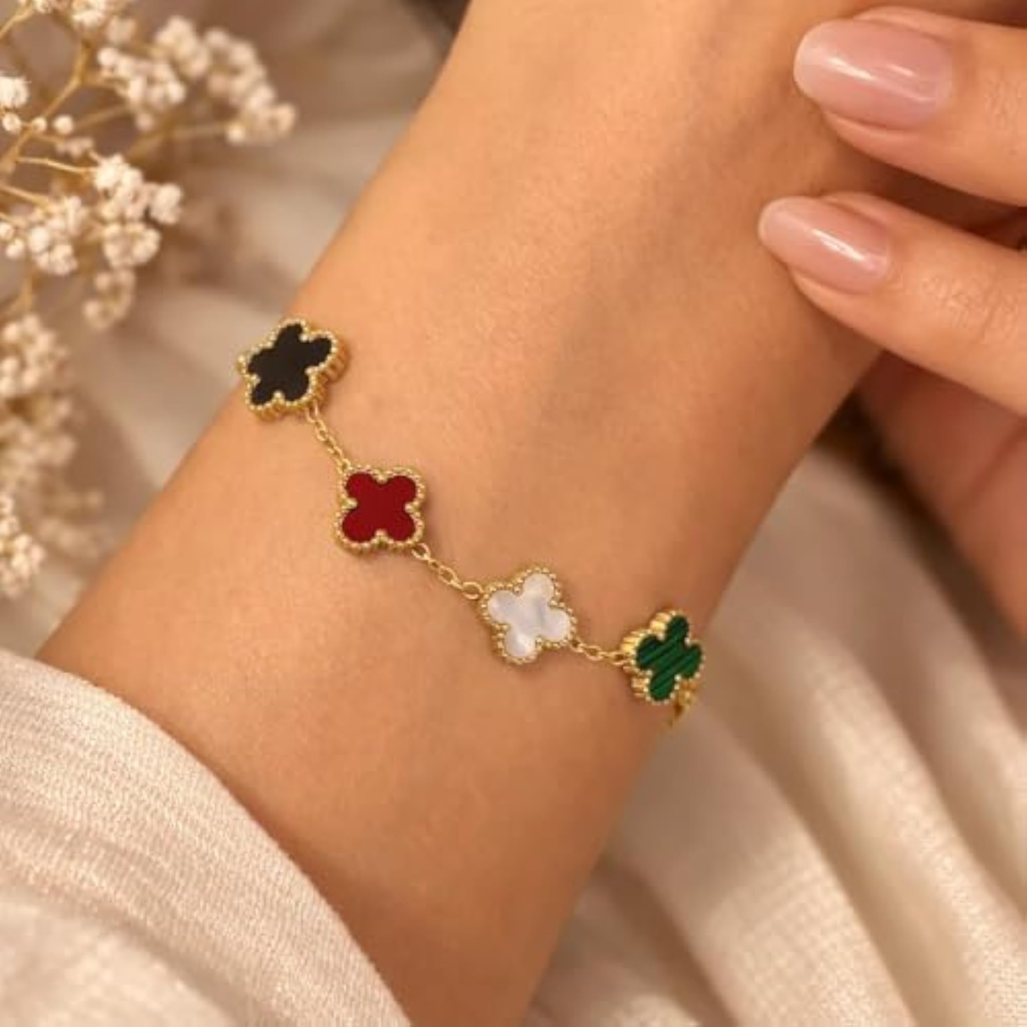 Five Clover Multi Stone Bracelet, Anti Tarnish Gold Tone